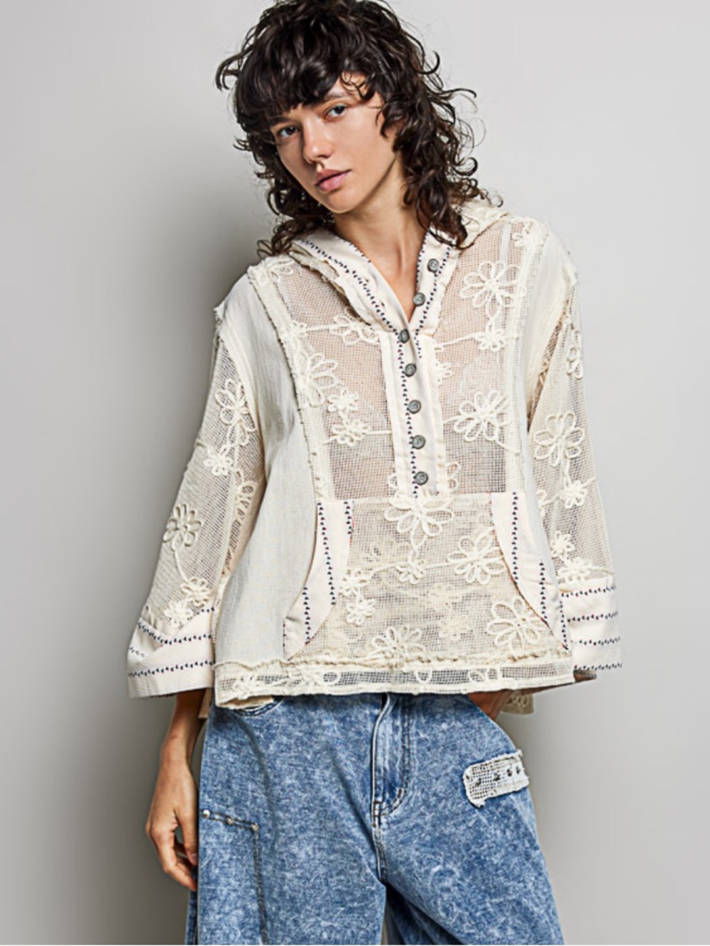 💕POL Embroidered Cream Lace Hooded Pullover - Picture 3 of 7